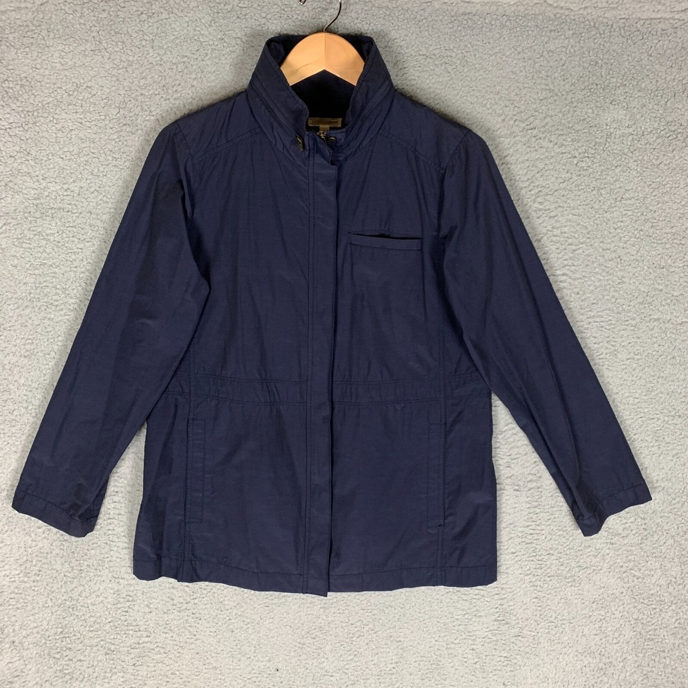Eileen Fisher Jacket Womens Small Navy Organic Cotton Nylon Snap Zip Hidden Hood